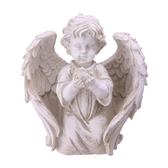 10" Ivory Kneeling Cherub Angel with Dove Garden Statue